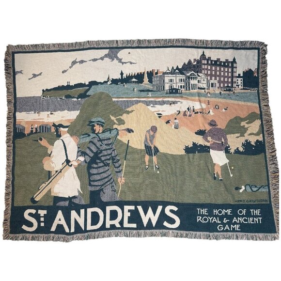 St Andrews Golf Afghan Throw Blanket Tapestry GOODWIN WEAVERS 29.5x67" - Picture 4 of 11